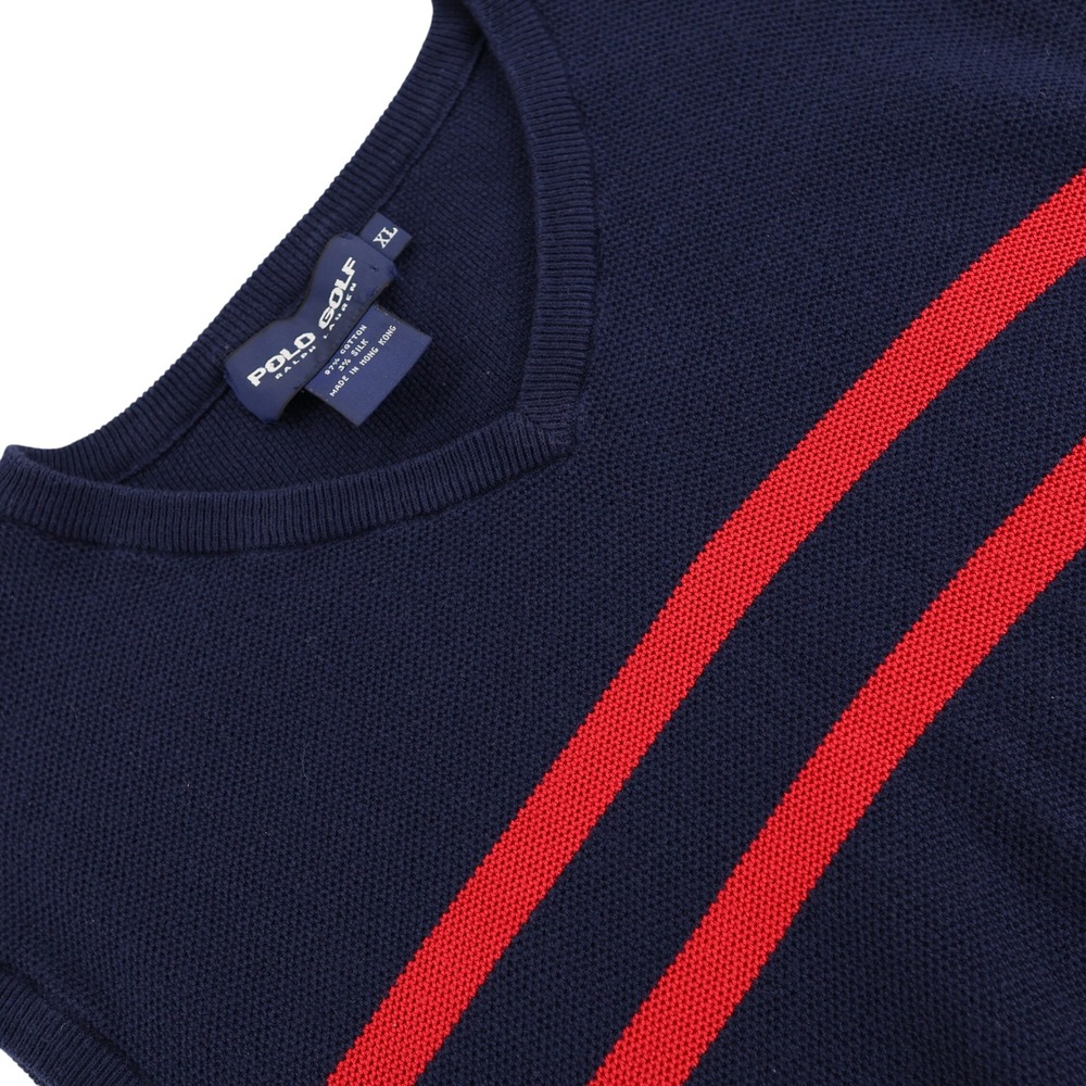 Polo Golf Ralph Lauren Mens XL Navy Blue Red Striped Cotton Silk Sweater Vest
